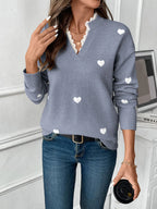Sarah Express Women's Heart V-Neck Long Sleeve Sweater with Lace Detail