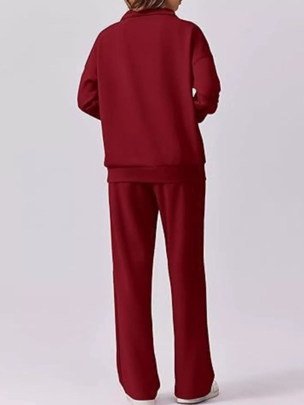 Sarah Express Women's Zip Collar Dropped Shoulder Top and Pants Set