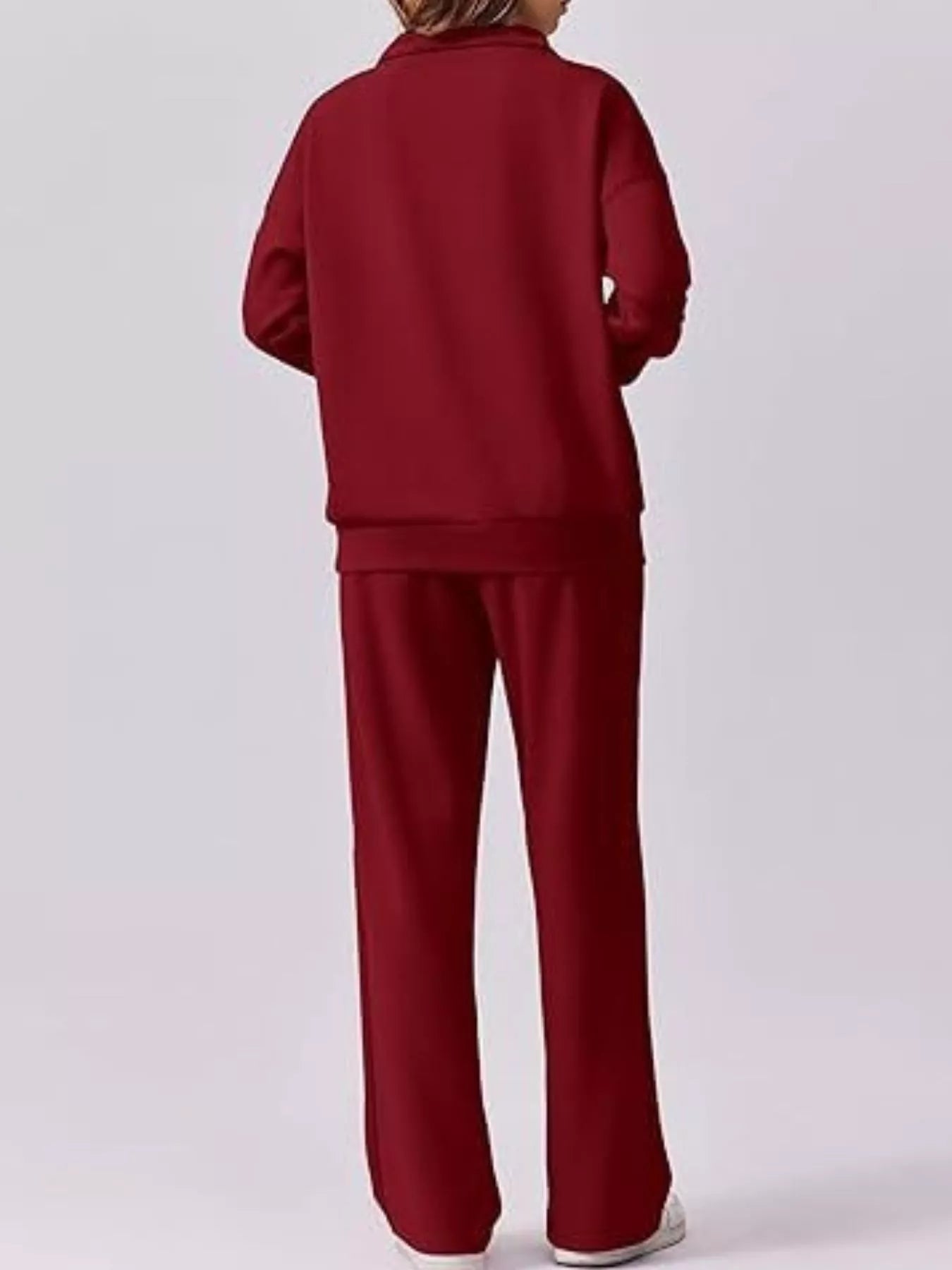 Sarah Express Women's Zip Collar Dropped Shoulder Top and Pants Set