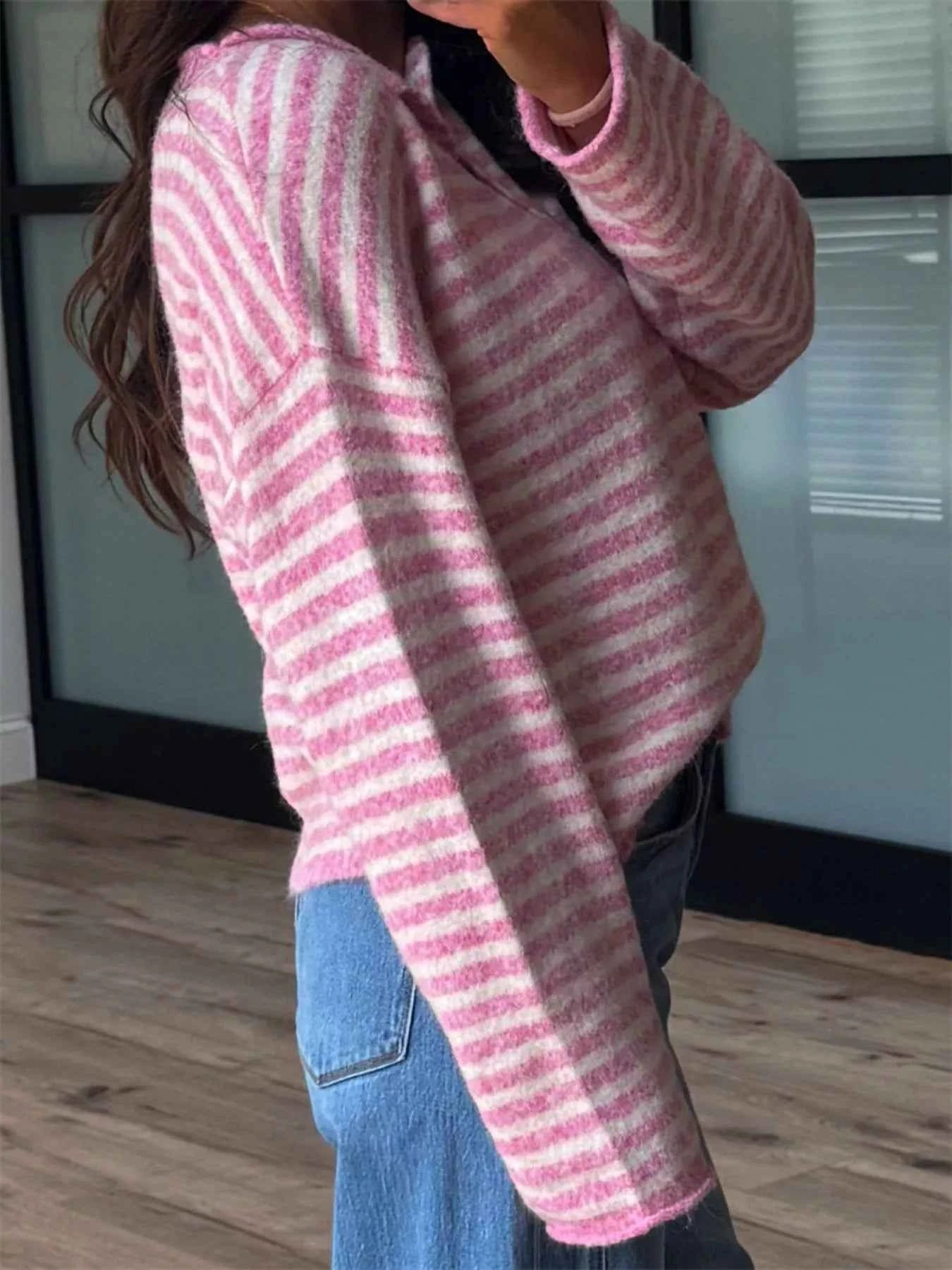 Sarah Express Women's Striped Button Detail Sweater - Dropped Shoulder Knit Top