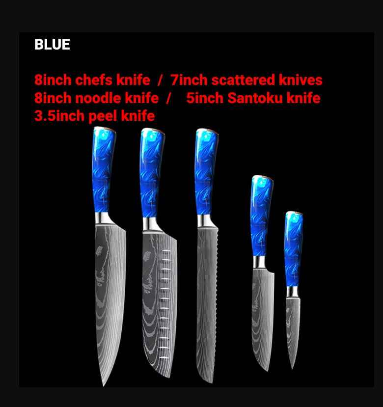 Sarah Express Professional 8-Inch Chef Knife with Blue Resin Handle - Premium Stainless Steel Kitchen Knife Blue 5PC