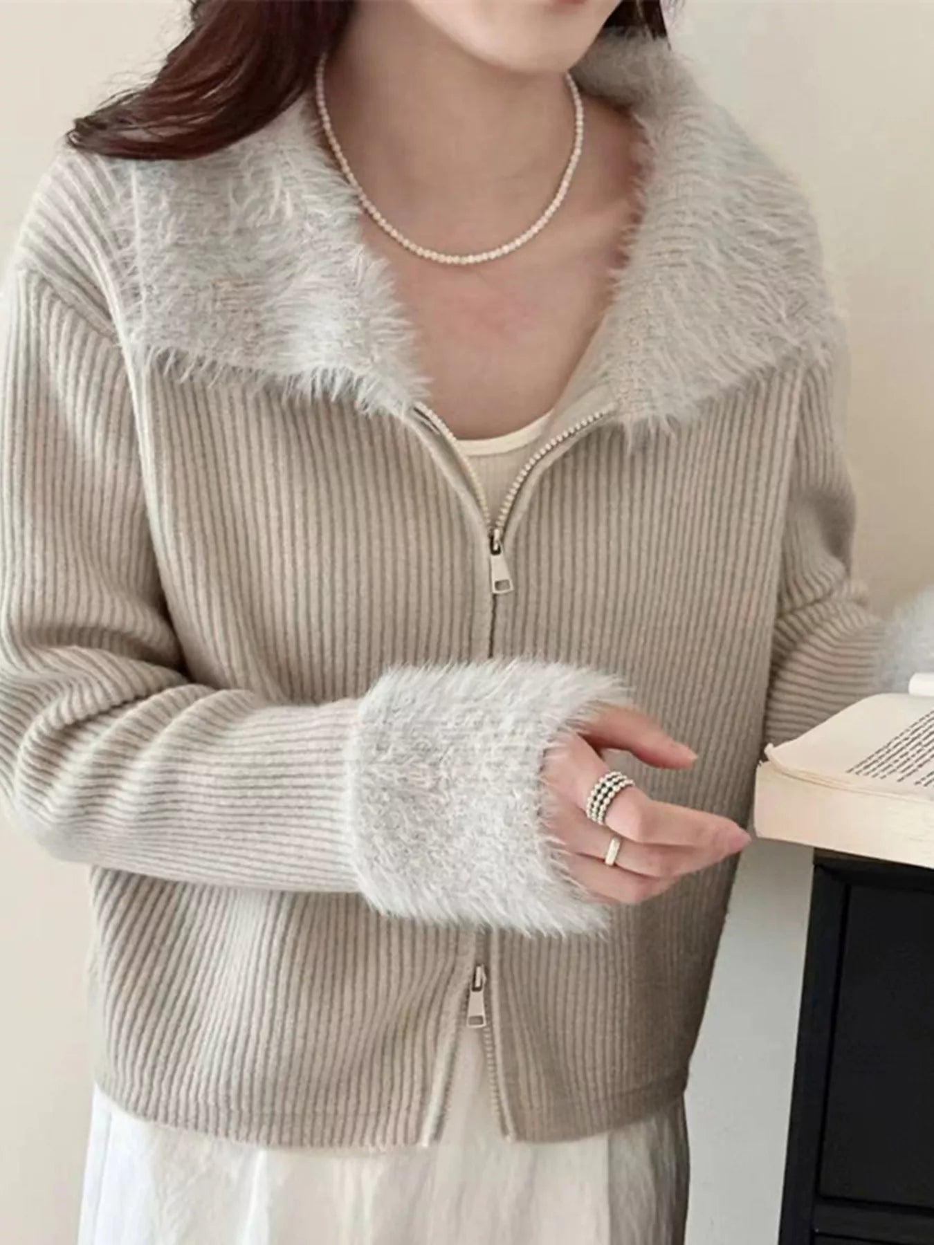 Sarah Express Women's Fluffy Trim Zip-Up Cardigan