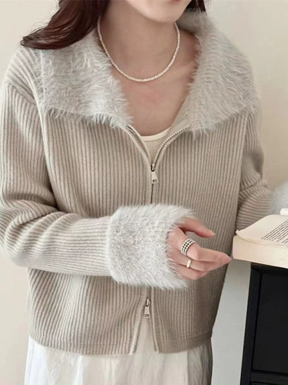 Sarah Express Women's Fluffy Trim Zip-Up Cardigan