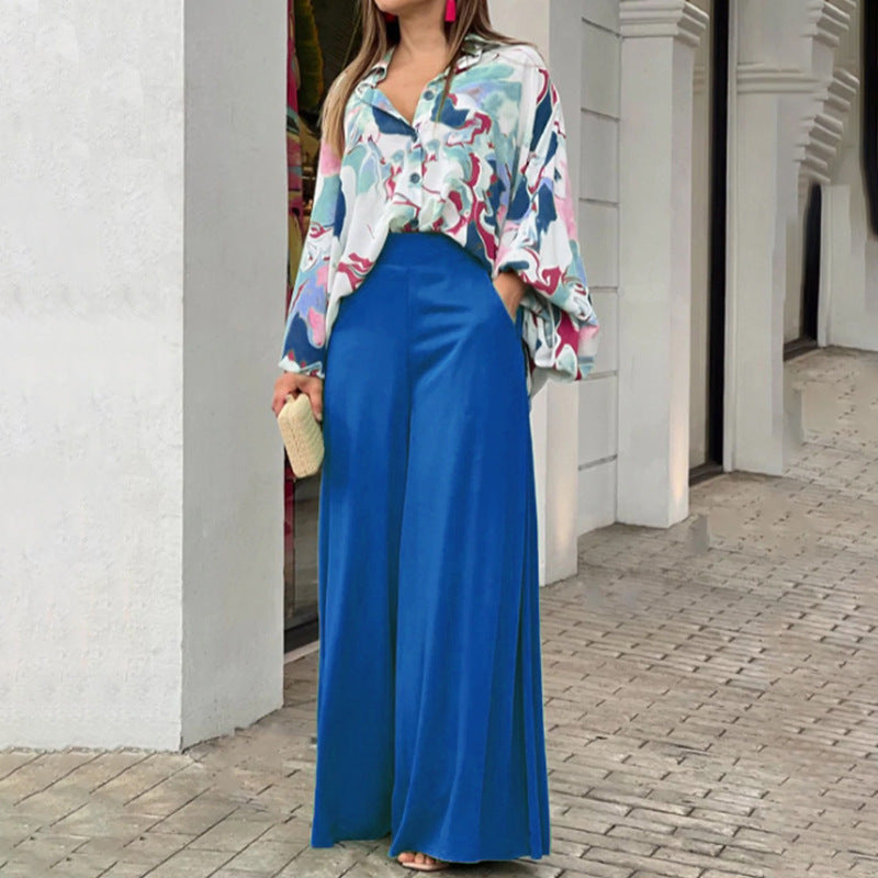 Sarah Express Women's Printed Shirt Wide Leg Pants Set Long Sleeve