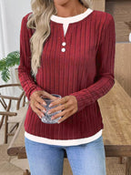 Sarah Express Women's Ribbed Knit Button Detail Contrast Sweater