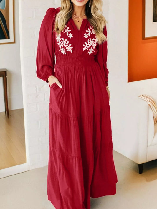 Sarah Express Women's Embroidered Maxi Dress Long Sleeve Tiered Boho Dress