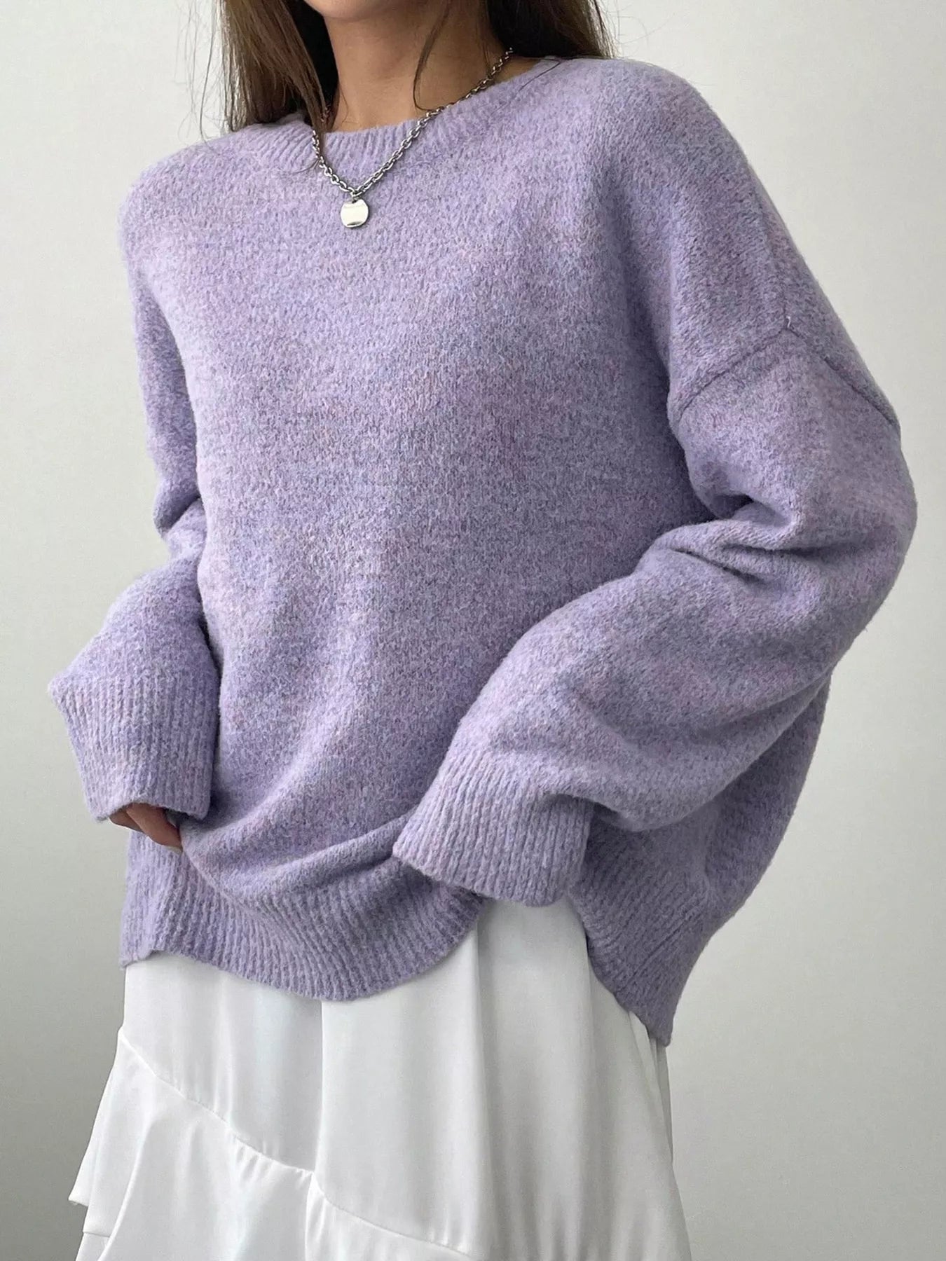 Sarah Express Women's Cozy Knit Round Neck Oversized Sweater Purple