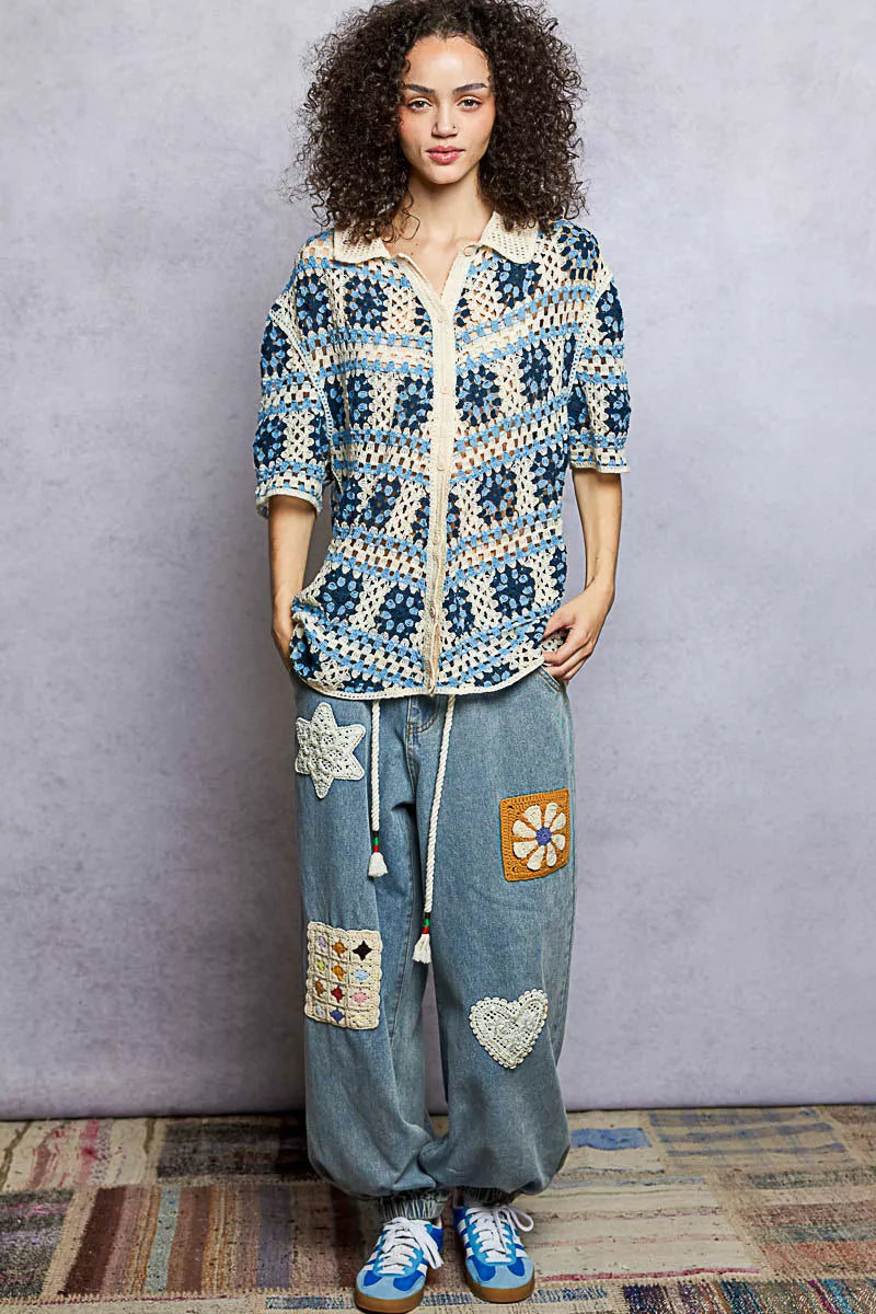 Sarah Express Women's Crochet Short Sleeve Shirt - Openwork Button Front Top with Border Accents