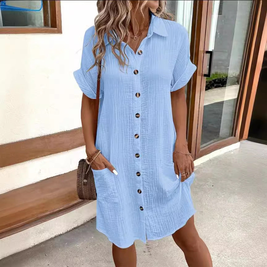 Women's Button-Front Shirt Dress Short Sleeve Mid-Length Loose Fit