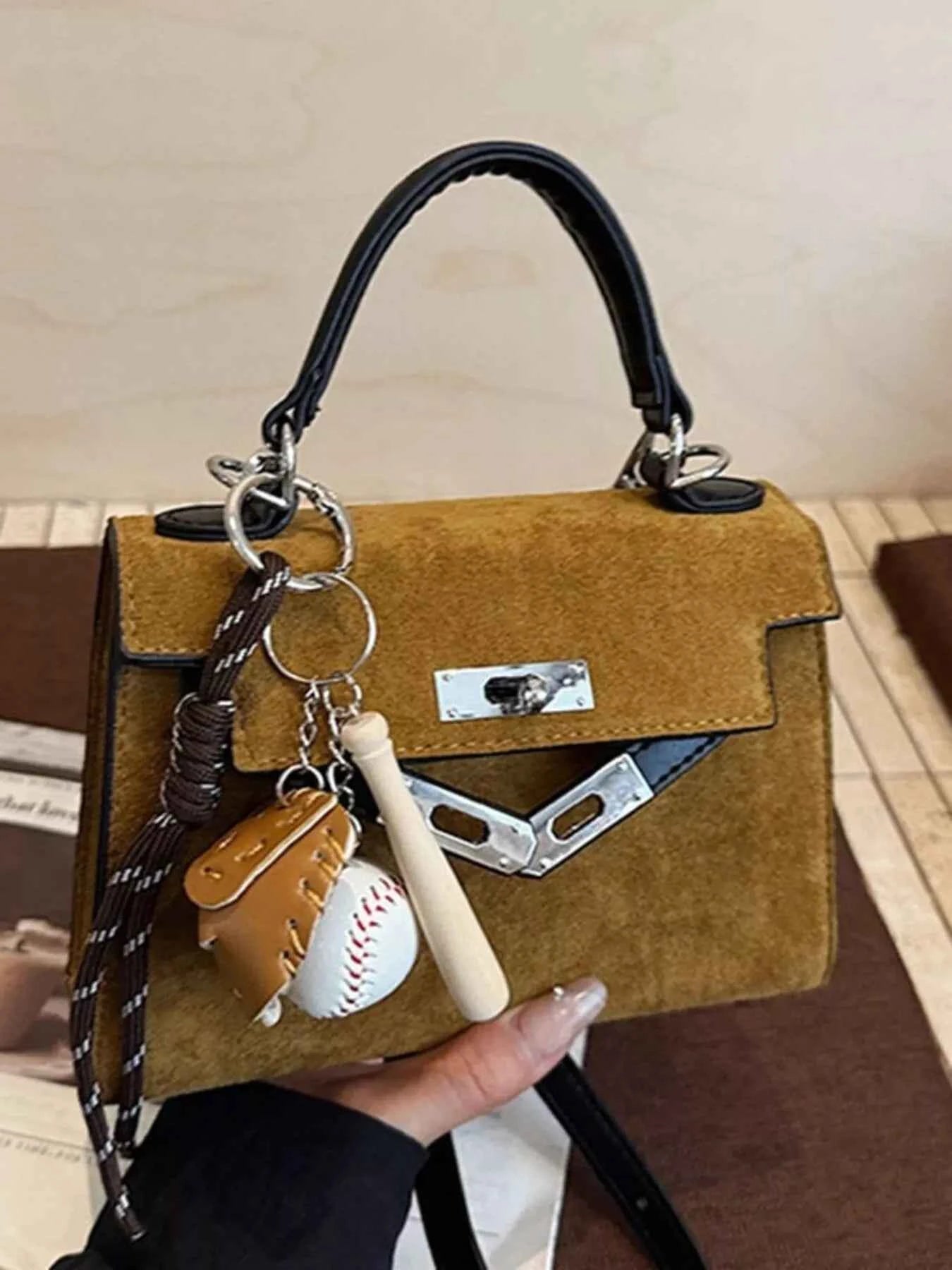 Sarah Express Women's Mini Crossbody Bag with Baseball Charm - Suede Shoulder Bag