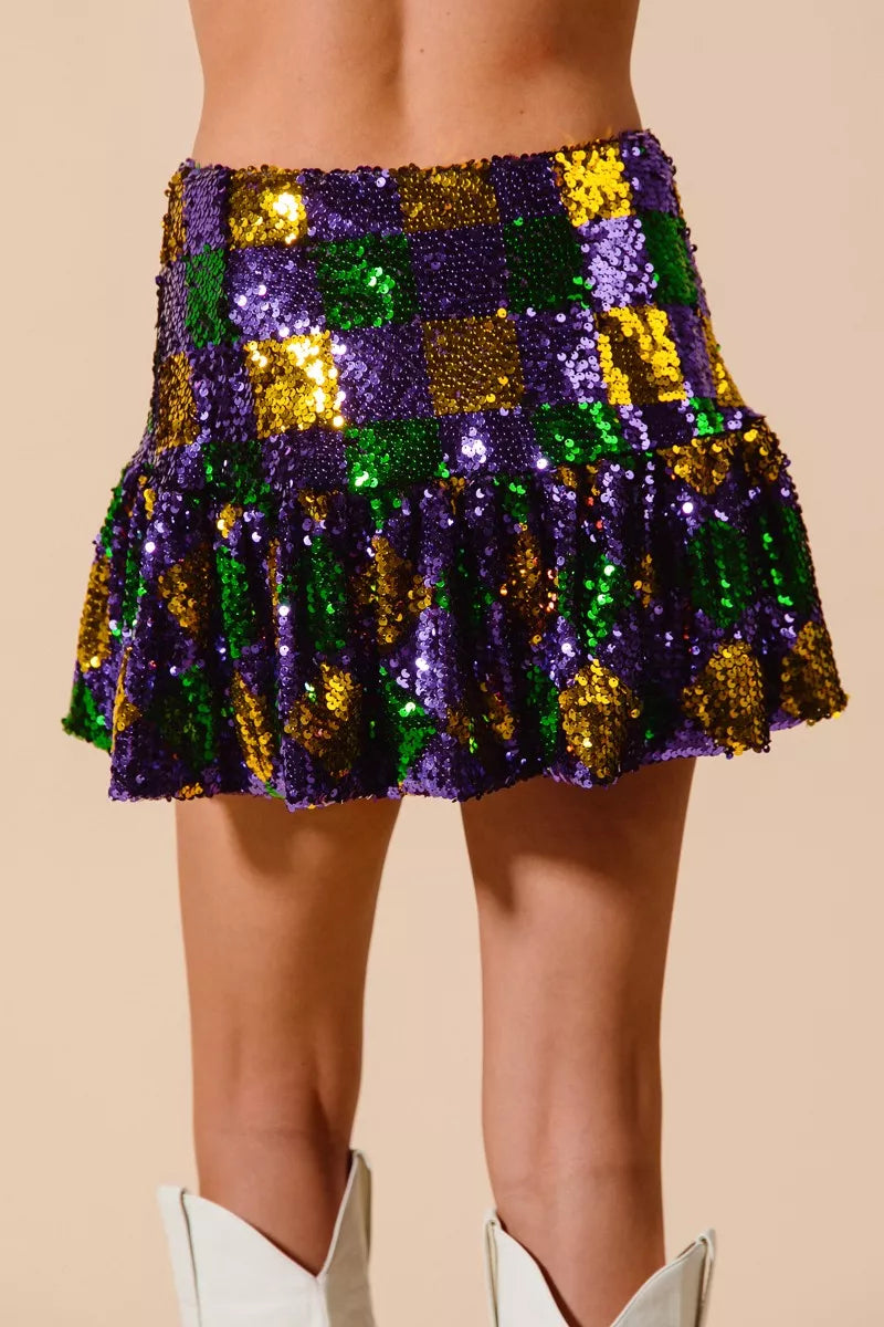Sarah Express Women's Mardi Gras Checker Sequins Mini Skirt