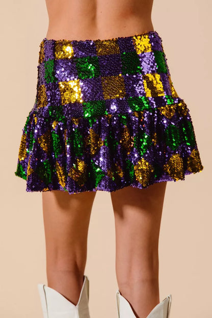 Sarah Express Women's Mardi Gras Checker Sequins Mini Skirt