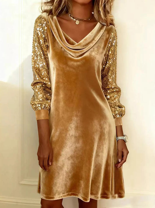 Sarah Express Women's Velvet Sequin Sleeve Mini Dress - Party Cocktail Evening Dress Gold