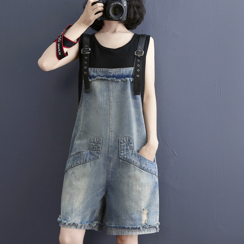 Sarah Express Women's Denim Overalls with Adjustable Suspenders Casual Jumpsuit Romper