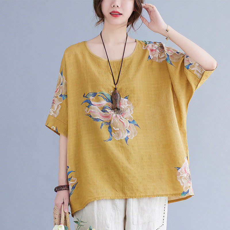 Sarah Express Women's Cotton Linen Printed Top Oversized Short Sleeve Summer Casual Relaxed Fit