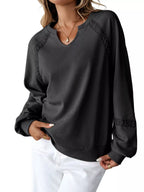Sarah Express Women's Notched Raglan Sleeve Sweatshirt with Lace Detail