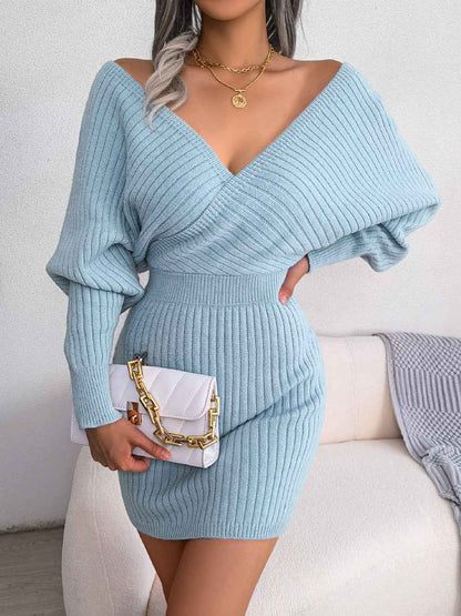 Sarah Express Women's Cross V-Neck Batwing Sleeve Bodycon Sweater Dress - High Waist Knit Dress