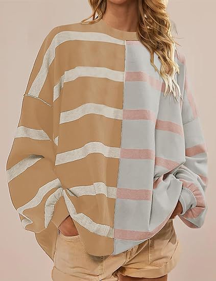 Sarah Express Women's Striped Knit Sweater Long Sleeve Pullover Loose Fit Acrylic