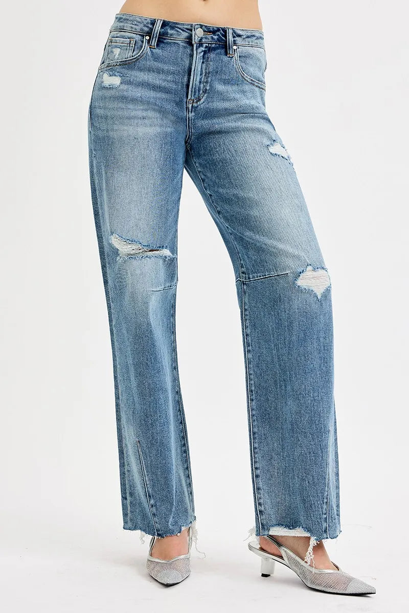 Sarah Express Women’s Plus Size Mid Rise Wide Leg Tie-Washed Jeans
