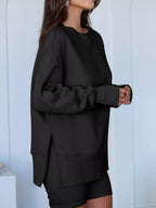 Sarah Express Women's Side Slit Round Neck Long Sleeve Sweatshirt