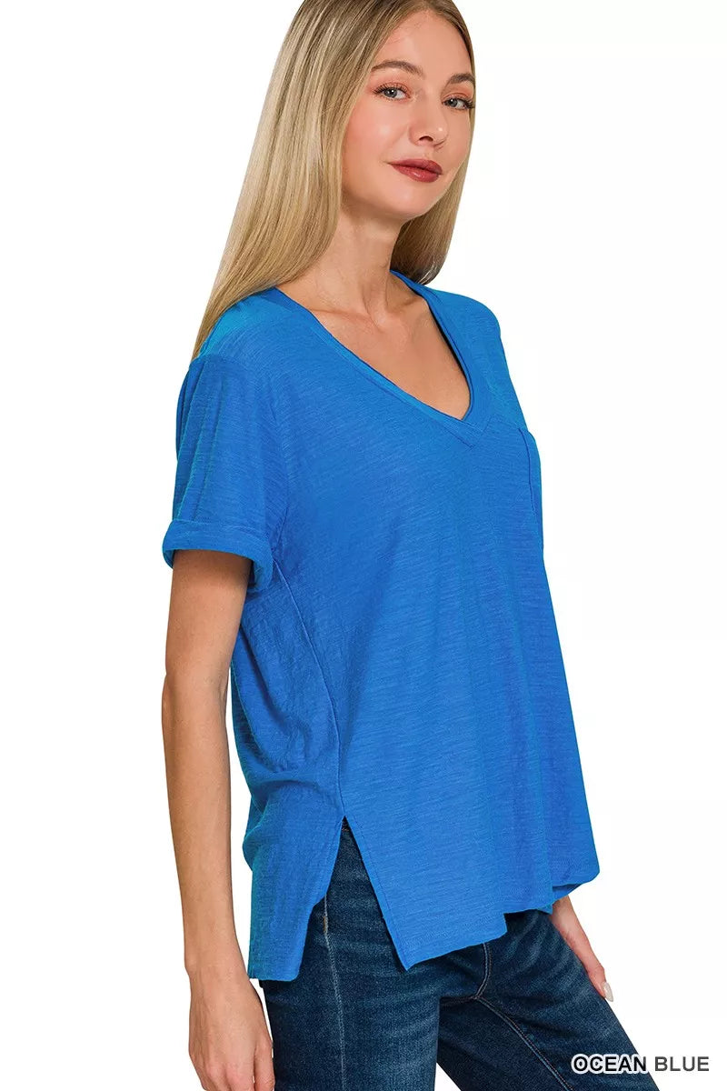 Sarah Express Women's Slub Rolled Short Sleeve V-Neck T-Shirt OCEAN BLUE