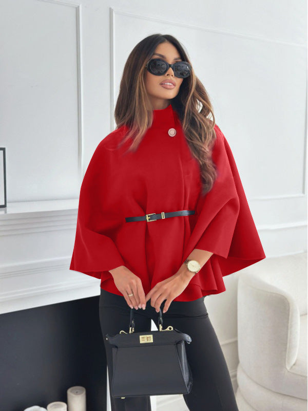 Sarah Express Women's Stand Collar Batwing Sleeve Cloak Top with Belt - Temperament Woolen Jacket Sweater Red