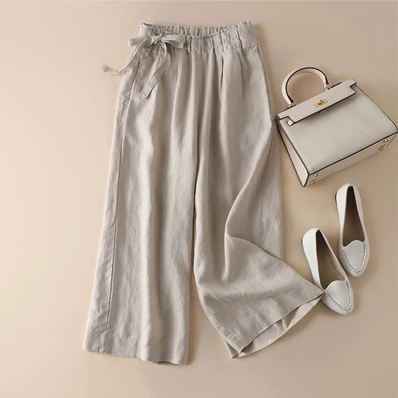 Sarah Express High Waist Lace-Up Cropped Pants Women's Elastic Waist Retro Cotton Casual Bottoms