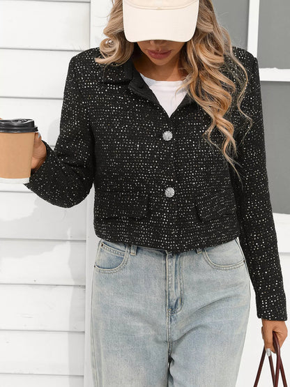 Sarah Express Women's Tweed Button Up Cropped Jacket