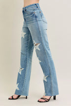 Sarah Express Women’s Plus Size High Rise 90's Straight Jeans with Star Destroy
