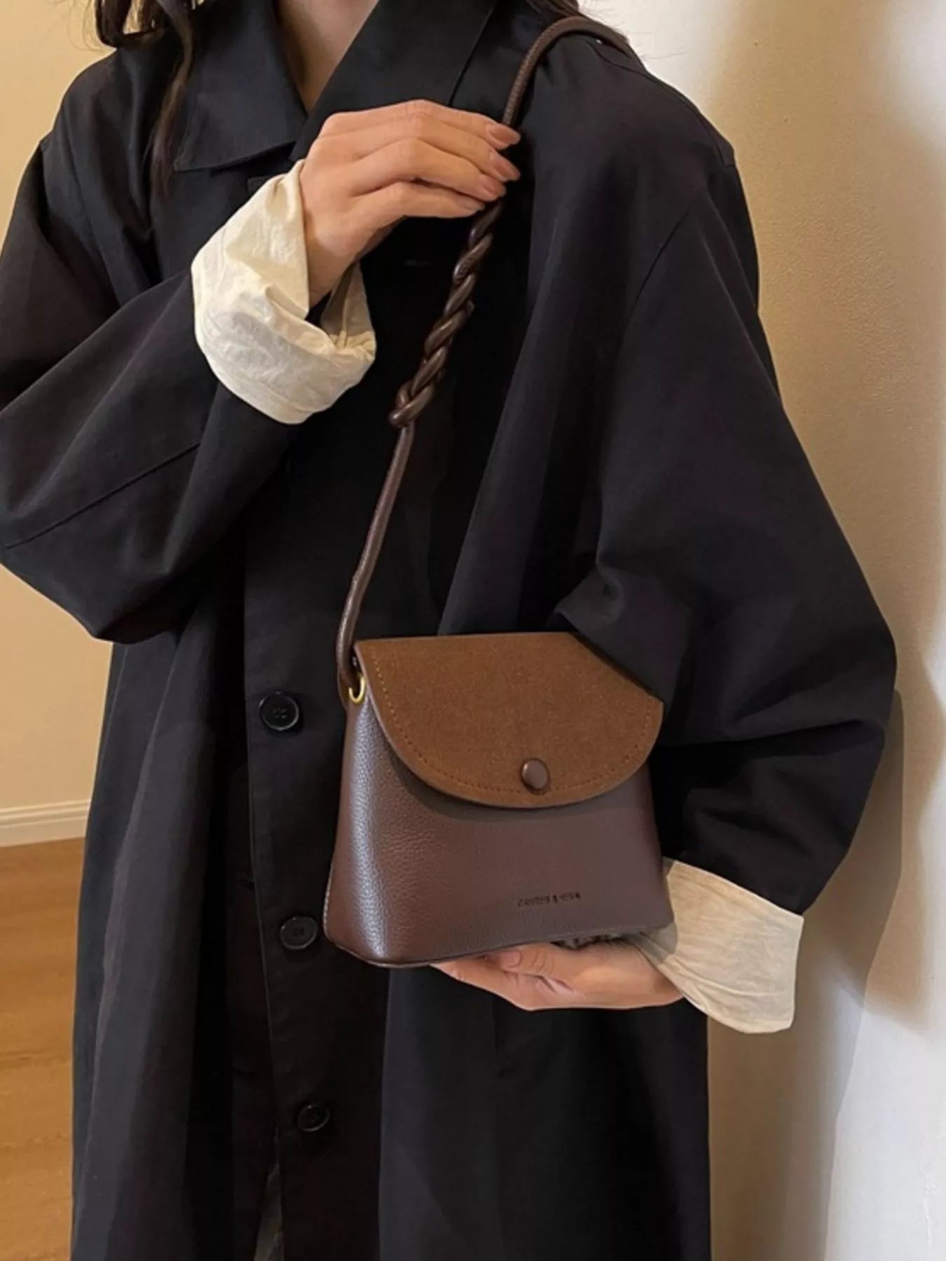 Sarah Express Mini Crossbody Bag with Braided Handle - PU Leather Flap Purse Chocolate ONESIZE