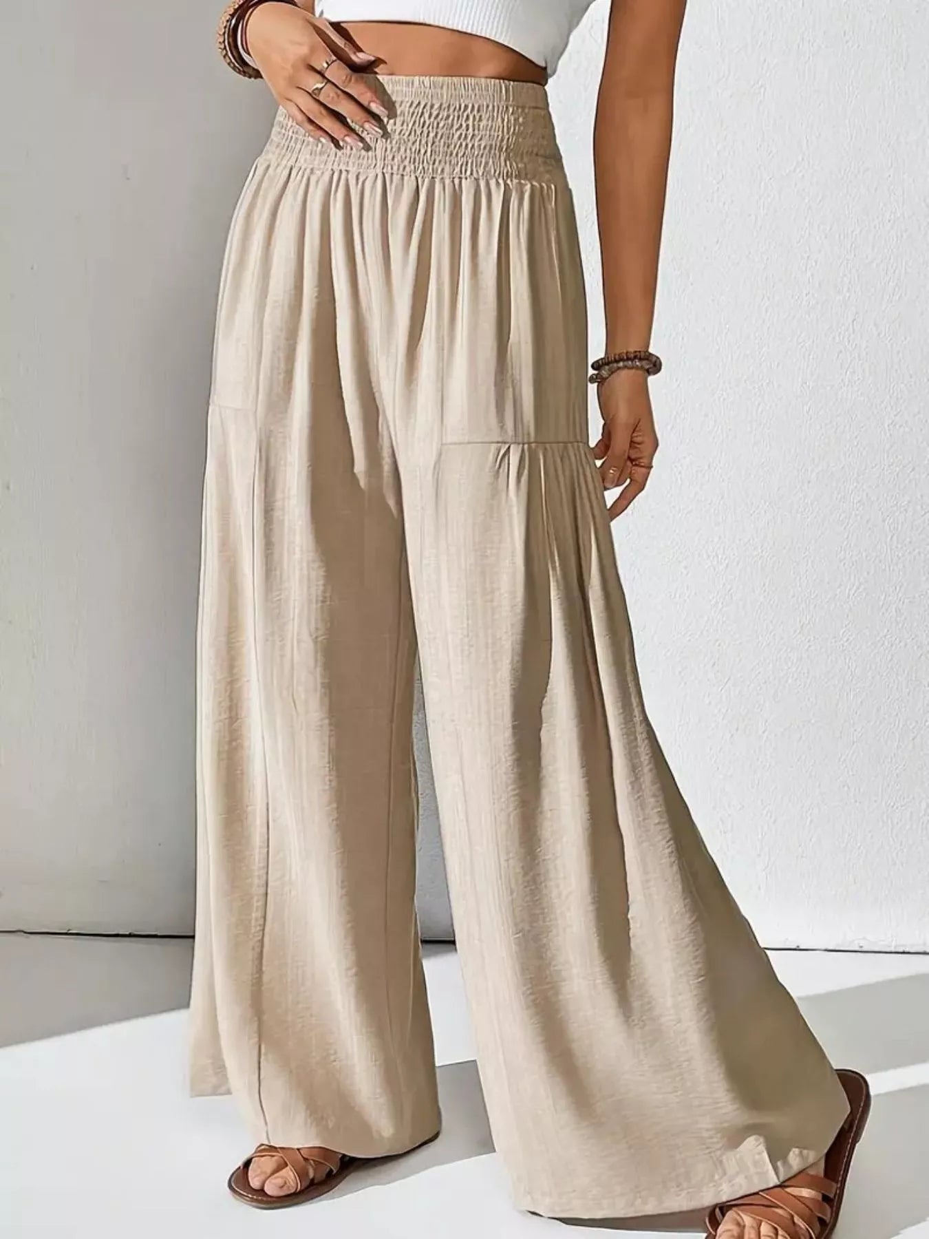 Sarah Express Women's Smocked Waist Wide Leg Pants