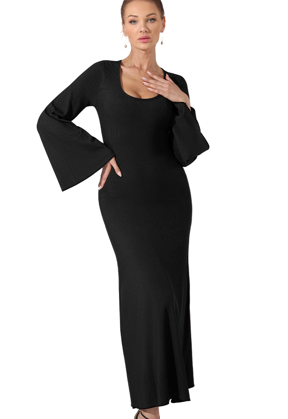 Sarah Express Women's Long Sleeve Maxi Dress Solid Color Belted Casual