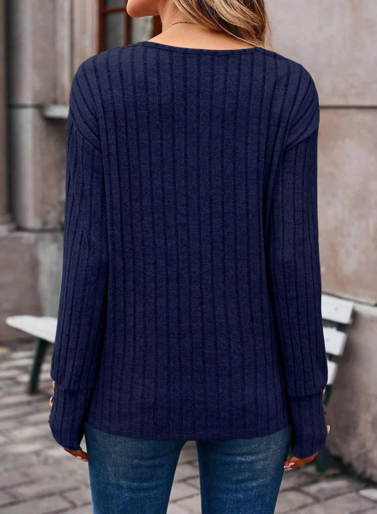 Sarah Express Women's Ribbed Knit V-Neck Top with Decorative Buttons