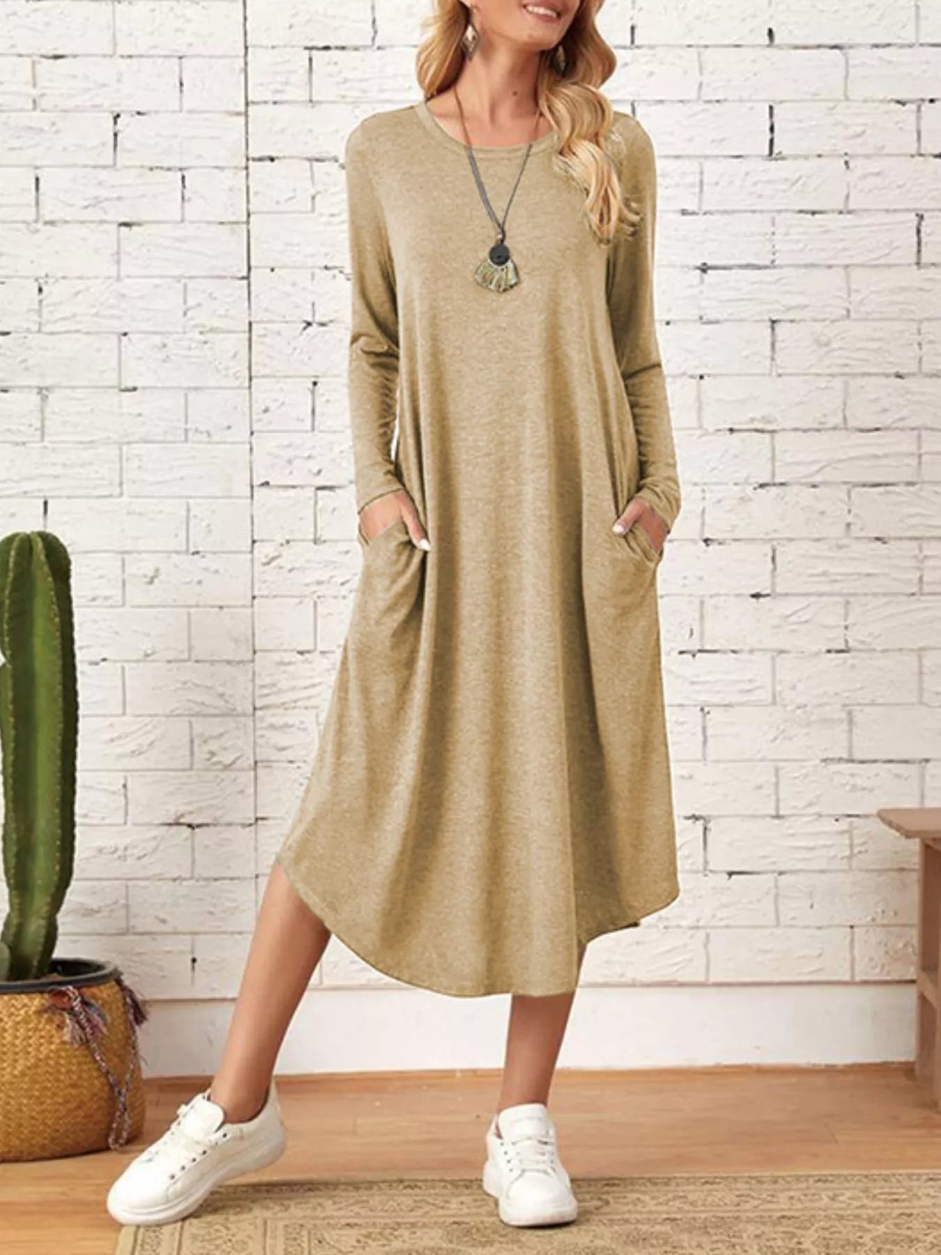 Sarah Express Women's Casual Long Sleeve Pocket Midi Dress Tan