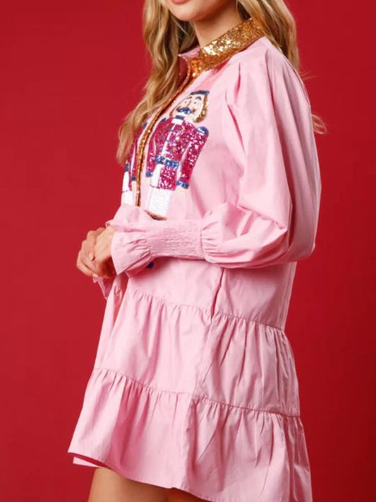 Sarah Express Women's Christmas Sequin Nutcracker Tiered Shirt Dress Plus Size