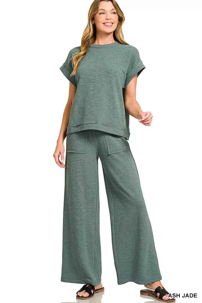 Sarah Express Women's Cotton Slub Short Sleeve Tee and Pants Set - Zenana Loungewear ASH JADE