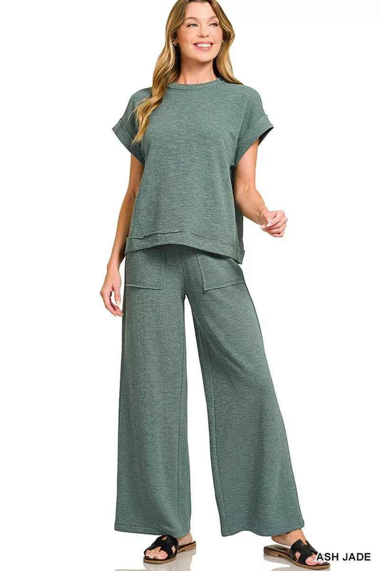 Zenana Cotton Slub Short Sleeve Tee and Pants Set