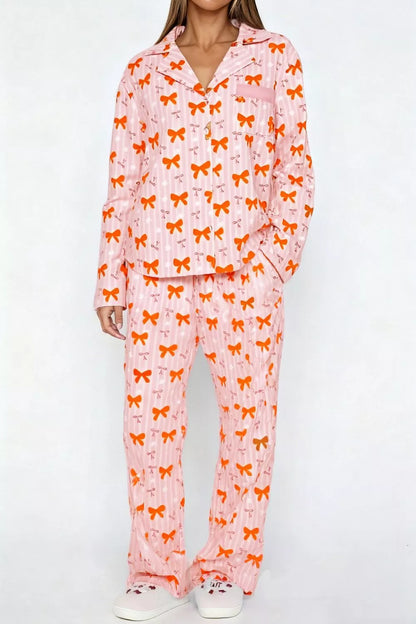 Sarah Express Women's Bow Print Lounge Set - Button-Up Top and Wide Leg Pants