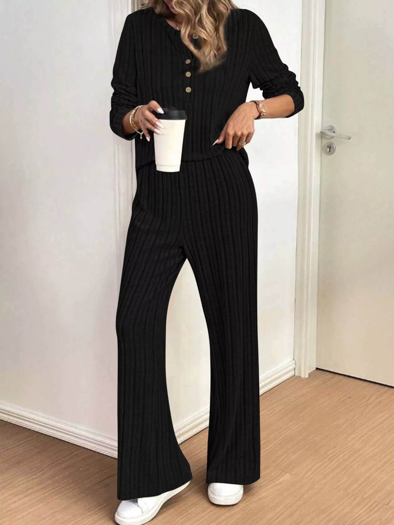 Sarah Express Women's Plus Size Ribbed Knit Button Front Top and Pants Set