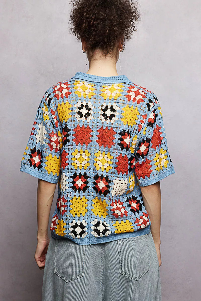 Sarah Express Women's Crochet Short Sleeve Button Down Shirt - Retro Color Block Knit Blouse