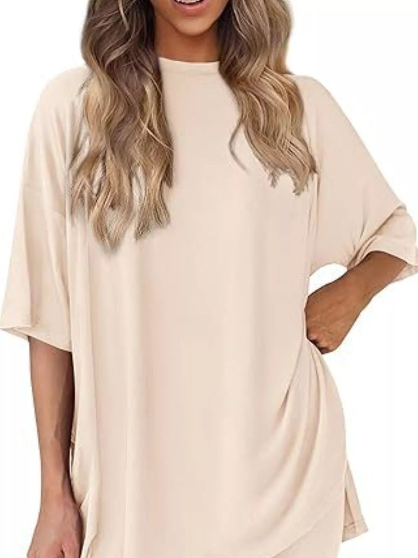 Sarah Express Women's Relaxed Fit Round Neck Top and Shorts Two-Piece Set - Plus Size Loungewear Beige