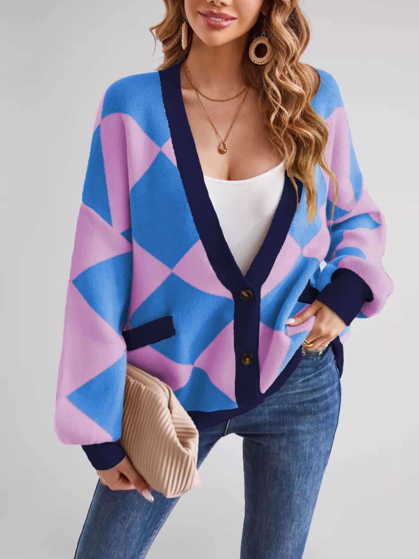 Sarah Express Women's Diamond Pattern Button-Up Knit Cardigan Blue And Purple