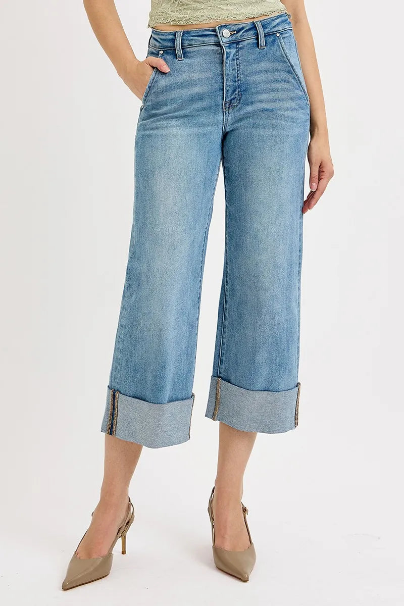 Sarah Express Women’s Plus Size Tummy Control High Rise Ankle Jeans with Wide Cuff
