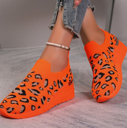 Sarah Express Women's Flyknit Mesh Breathable Wedge Sneakers | Slip-On Platform Casual Shoes Orange 39