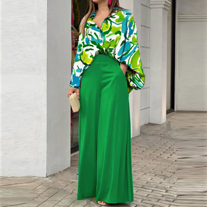 Sarah Express Women's Printed Shirt Wide Leg Pants Set Long Sleeve