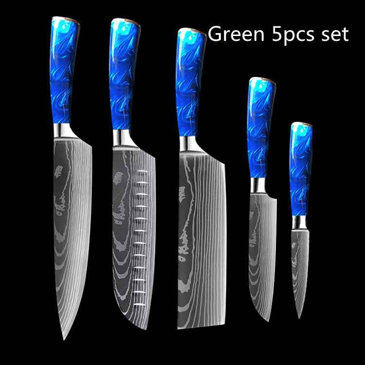 Sarah Express Professional 8-Inch Chef Knife with Blue Resin Handle - Premium Stainless Steel Kitchen Knife Green 5pcs set