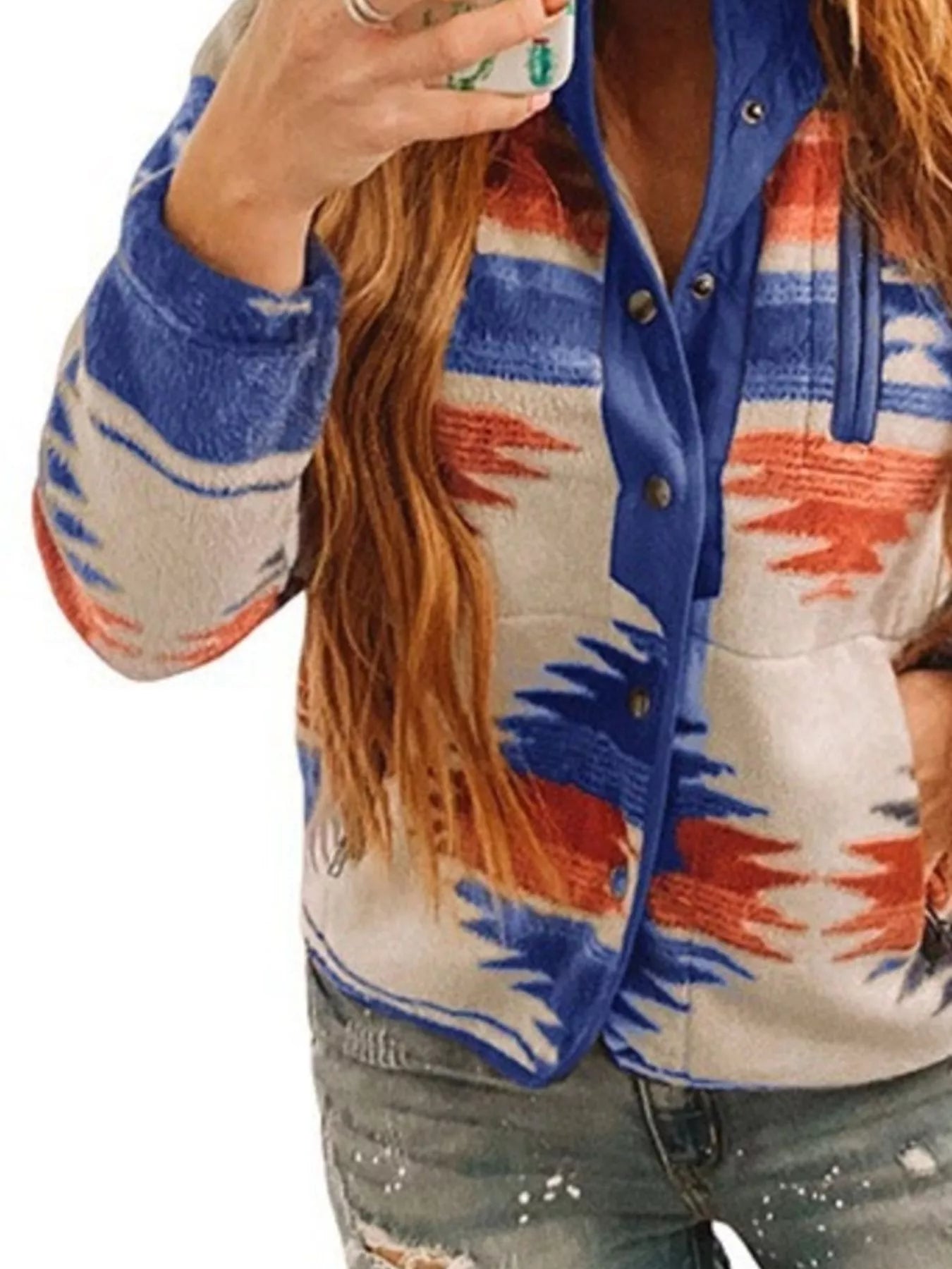 Sarah Express Women's Geometric Print Snap Button Jacket - Casual Lightweight Outerwear