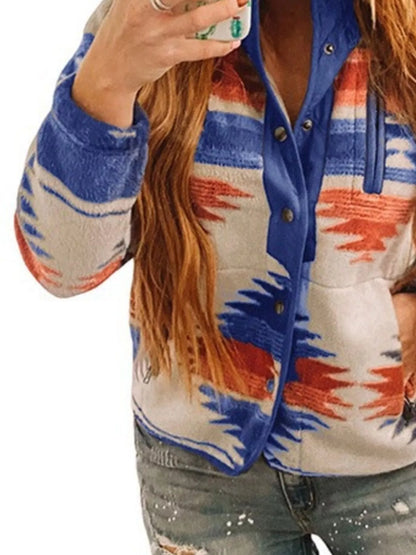 Sarah Express Women's Geometric Print Snap Button Jacket - Casual Lightweight Outerwear