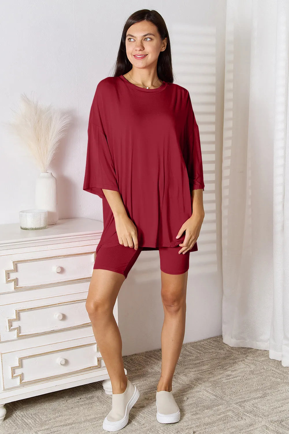 Sarah Express Women's Soft Rayon Three-Quarter Sleeve Top and Shorts Set Deep Red