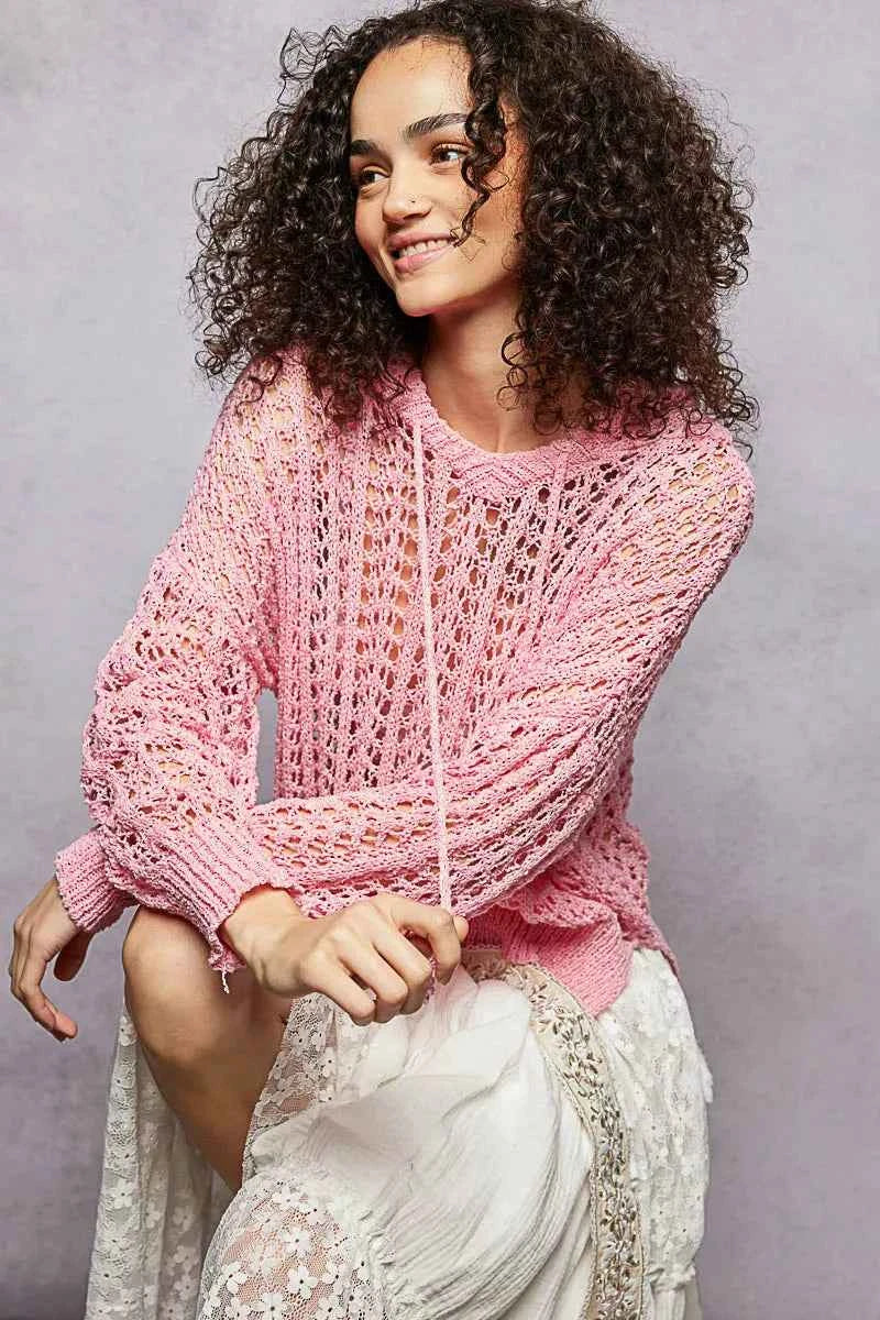 POL Openwork Round Neck High Low Knit Top